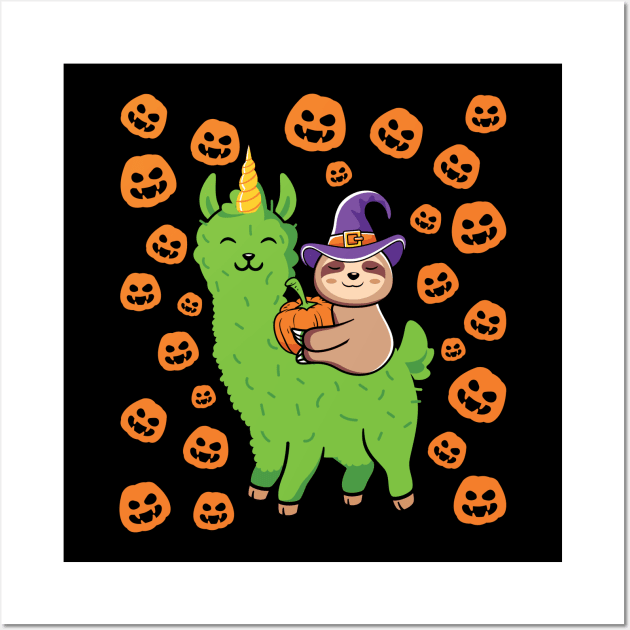 Sloth Riding a Halloween Llamicorn Wall Art by Luxinda